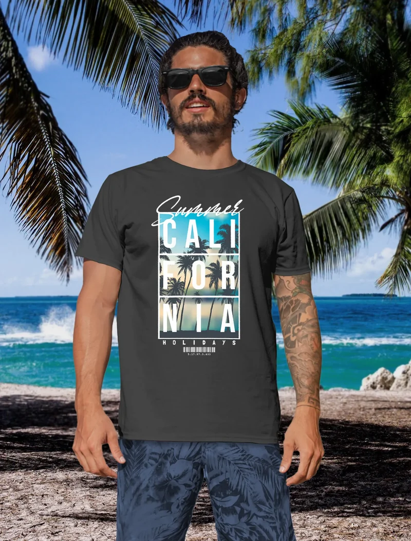 Herren T-Shirt Summer California Holidays Sommer Palmen Foto Print Aufdruck Schrfitzug Fashion Streetstyle