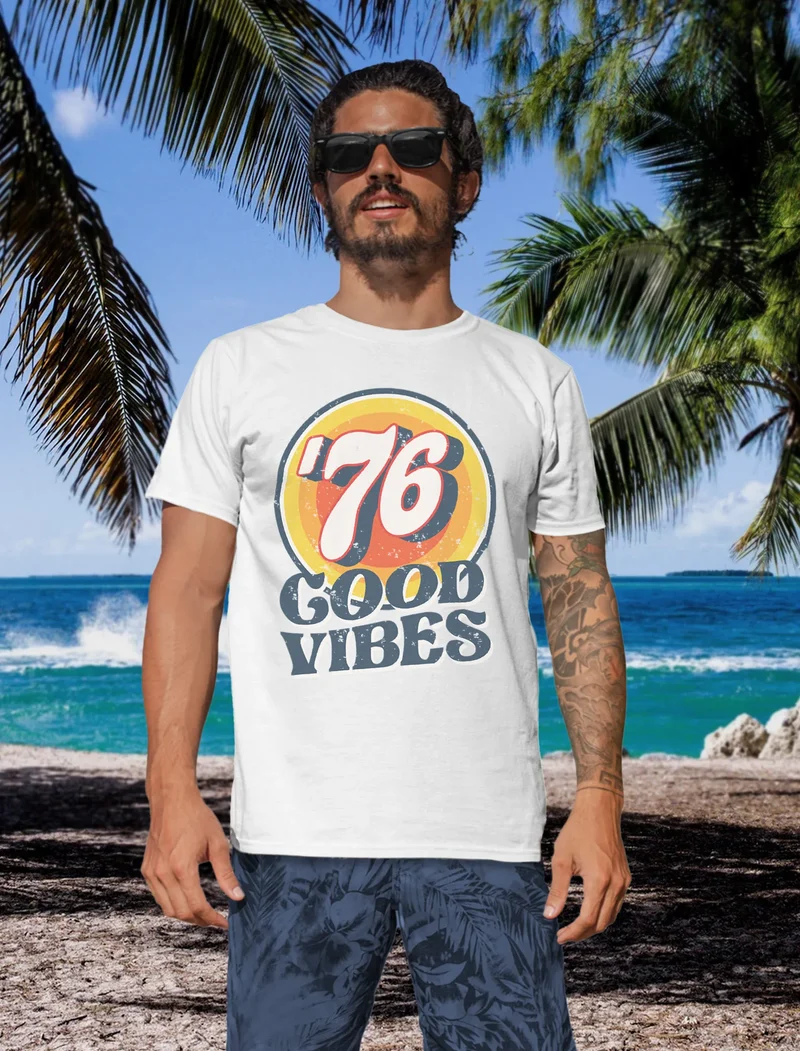 Herren T-Shirt Sommer Good Vibes 70er Jahre Retro Print Hippie Style Fashion Streetstyle
