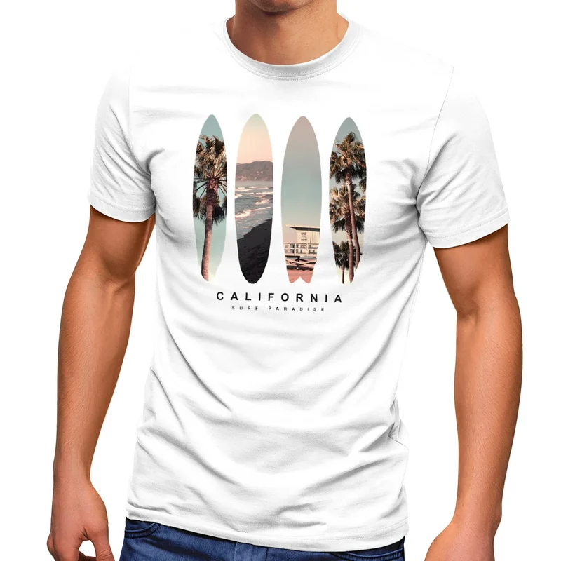 Herren T-Shirt California Surf Paradise Surfboards Grafik Foto Print Kalifornien USA Amerika Sommer Fashion Streetstyle