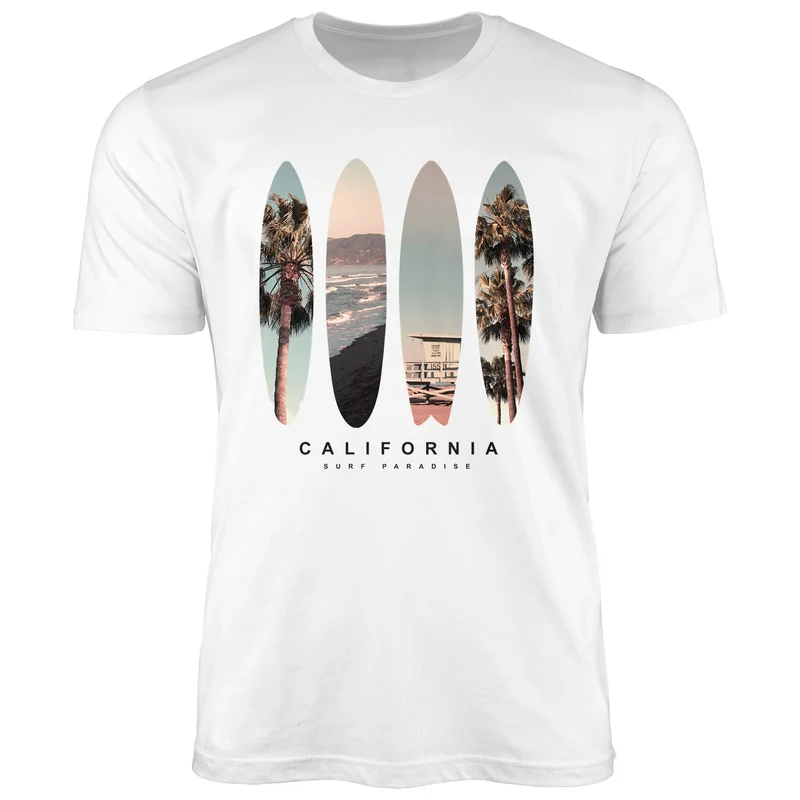 Herren T-Shirt California Surf Paradise Surfboards Grafik Foto Print Kalifornien USA Amerika Sommer Fashion Streetstyle