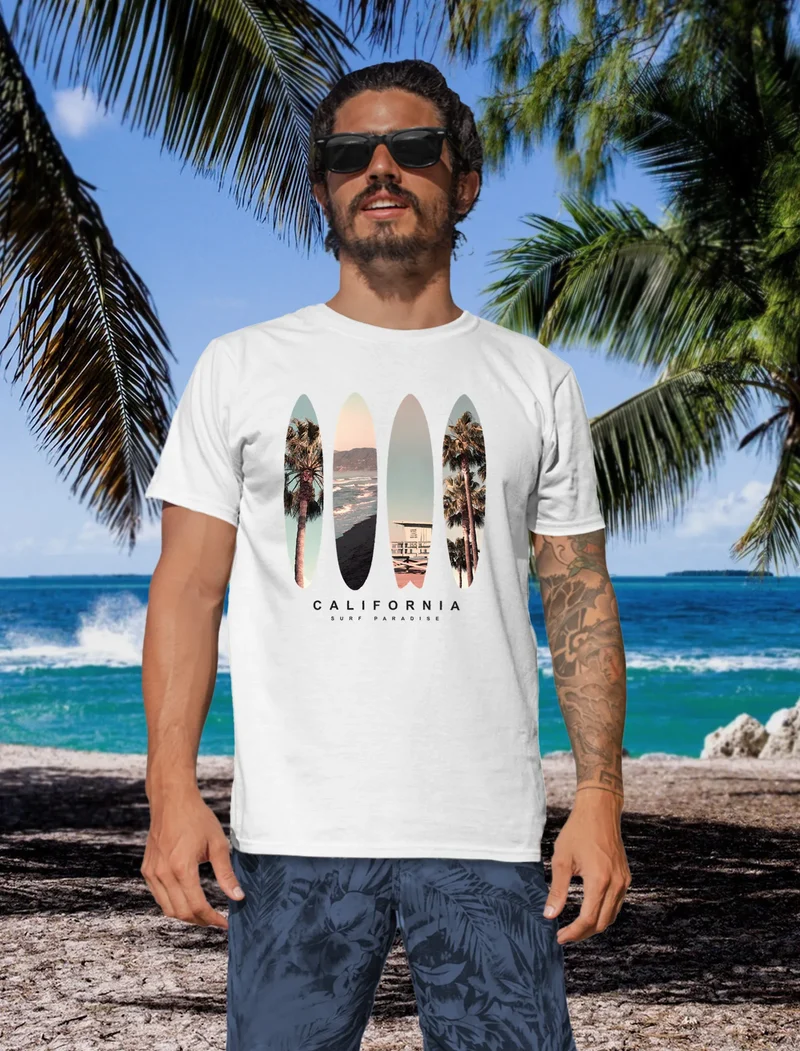 Herren T-Shirt California Surf Paradise Surfboards Grafik Foto Print Kalifornien USA Amerika Sommer Fashion Streetstyle