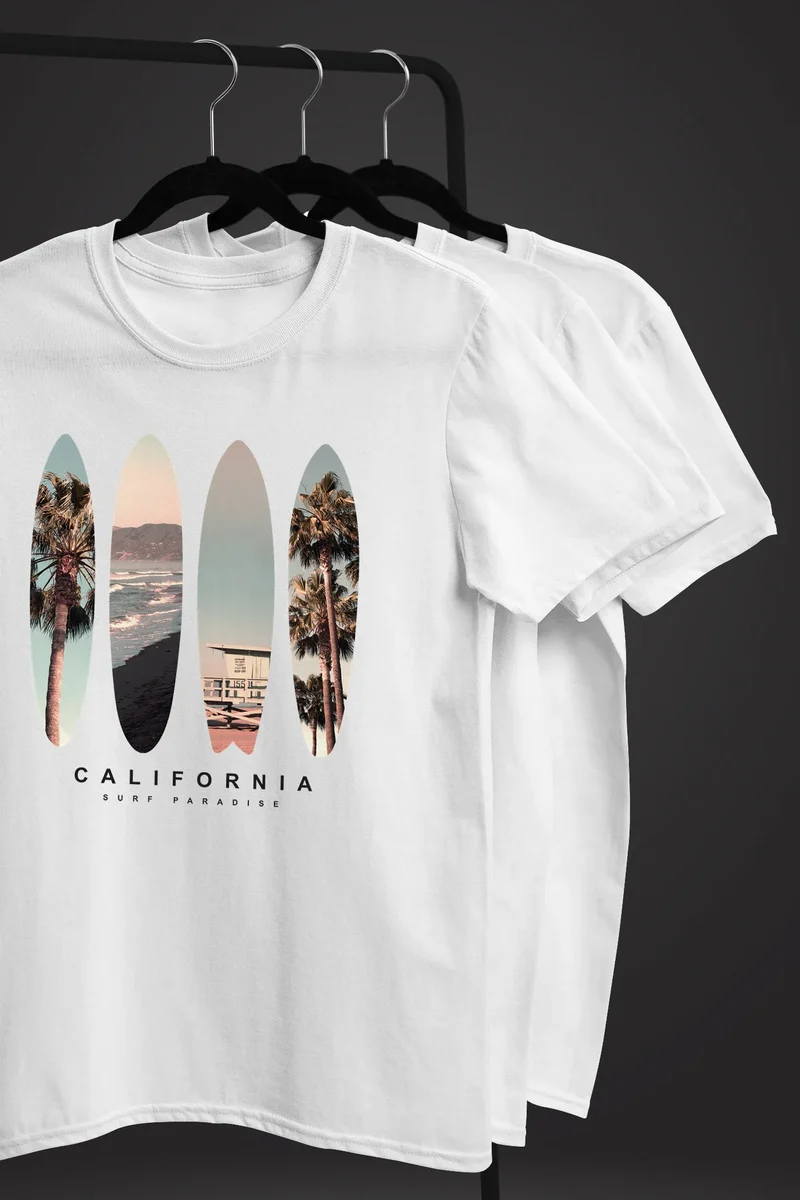 Herren T-Shirt California Surf Paradise Surfboards Grafik Foto Print Kalifornien USA Amerika Sommer Fashion Streetstyle