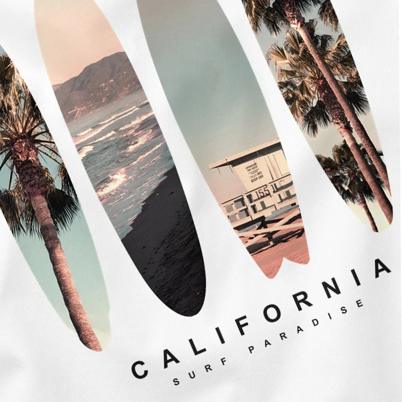 Herren T-Shirt California Surf Paradise Surfboards Grafik Foto Print Kalifornien USA Amerika Sommer Fashion Streetstyle
