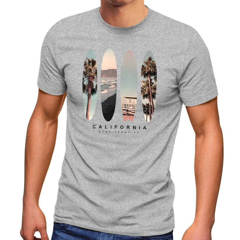 Herren T-Shirt California Surf Paradise Surfboards Grafik Foto Print Kalifornien USA Amerika Sommer Fashion Streetstyle
