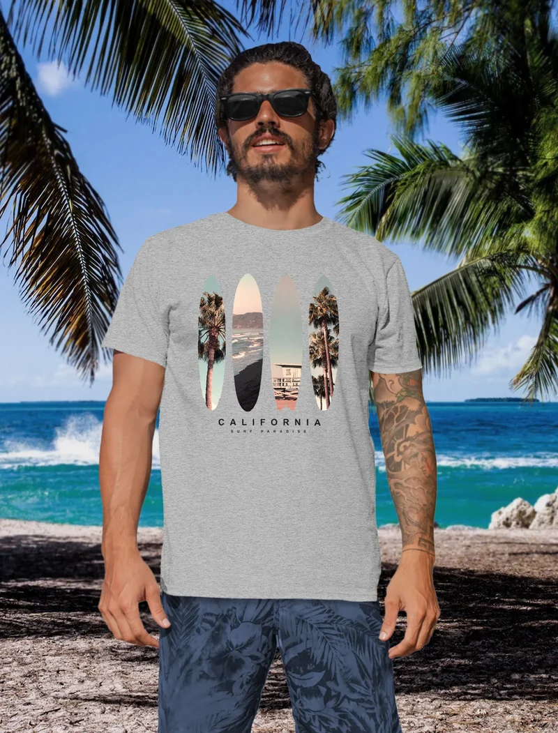 Herren T-Shirt California Surf Paradise Surfboards Grafik Foto Print Kalifornien USA Amerika Sommer Fashion Streetstyle