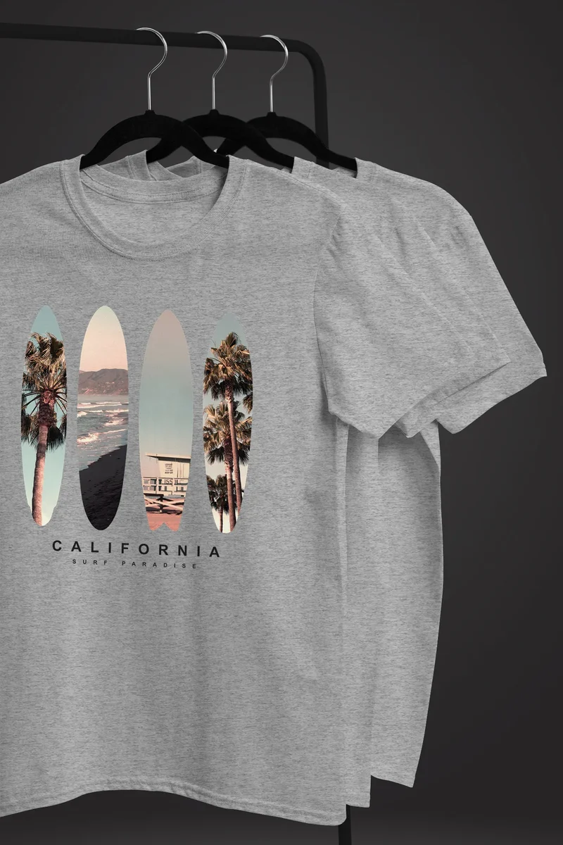 Herren T-Shirt California Surf Paradise Surfboards Grafik Foto Print Kalifornien USA Amerika Sommer Fashion Streetstyle