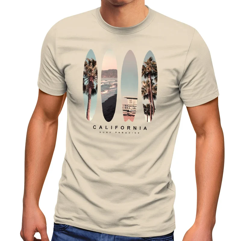 Herren T-Shirt California Surf Paradise Surfboards Grafik Foto Print Kalifornien USA Amerika Sommer Fashion Streetstyle