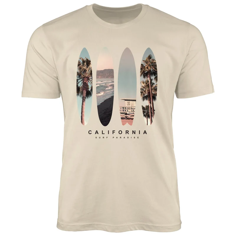 Herren T-Shirt California Surf Paradise Surfboards Grafik Foto Print Kalifornien USA Amerika Sommer Fashion Streetstyle