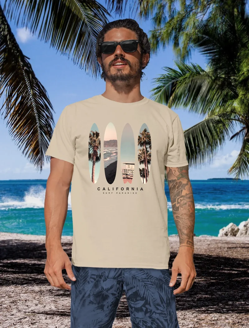 Herren T-Shirt California Surf Paradise Surfboards Grafik Foto Print Kalifornien USA Amerika Sommer Fashion Streetstyle