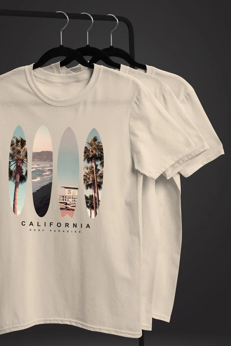 Herren T-Shirt California Surf Paradise Surfboards Grafik Foto Print Kalifornien USA Amerika Sommer Fashion Streetstyle
