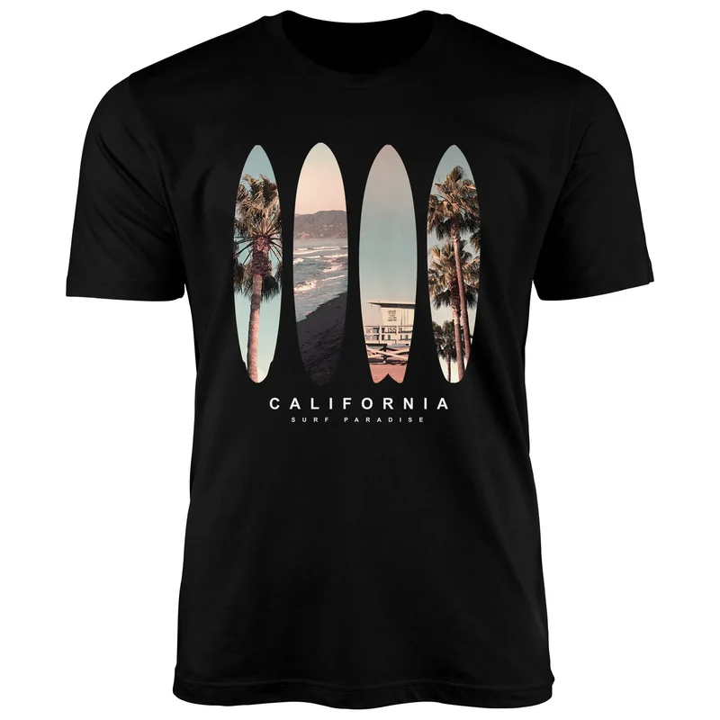 Herren T-Shirt California Surf Paradise Surfboards Grafik Foto Print Kalifornien USA Amerika Sommer Fashion Streetstyle