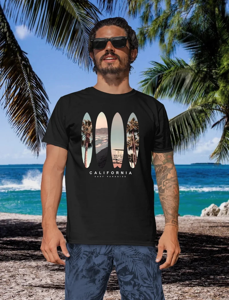 Herren T-Shirt California Surf Paradise Surfboards Grafik Foto Print Kalifornien USA Amerika Sommer Fashion Streetstyle