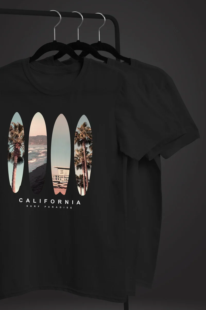 Herren T-Shirt California Surf Paradise Surfboards Grafik Foto Print Kalifornien USA Amerika Sommer Fashion Streetstyle