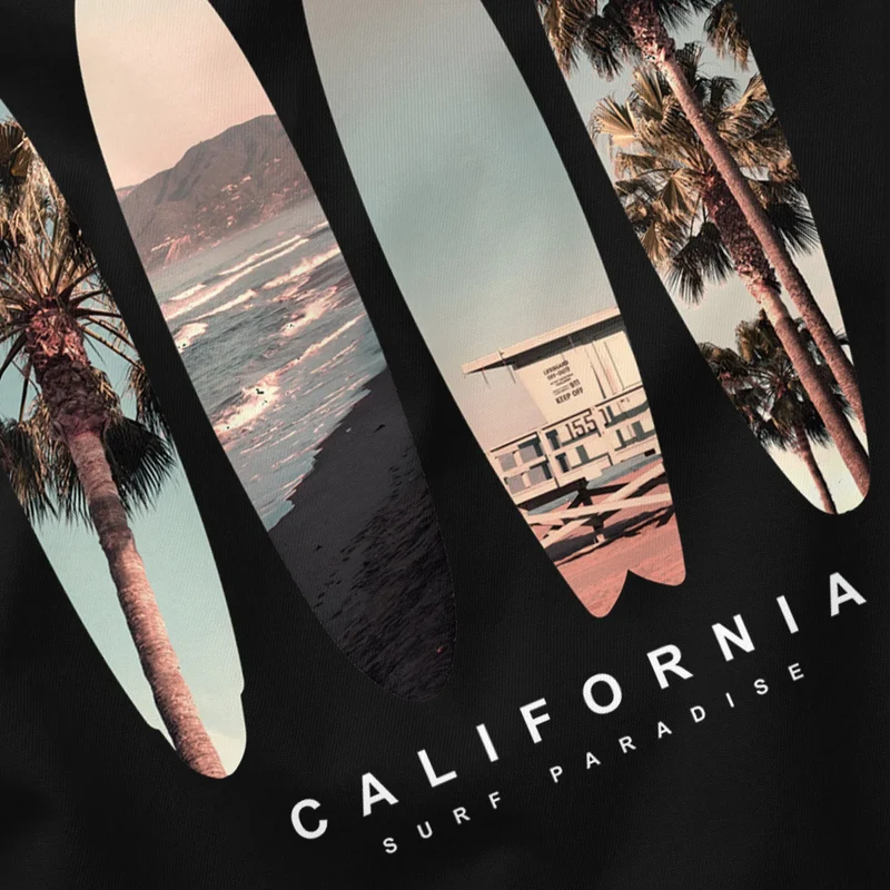 Herren T-Shirt California Surf Paradise Surfboards Grafik Foto Print Kalifornien USA Amerika Sommer Fashion Streetstyle