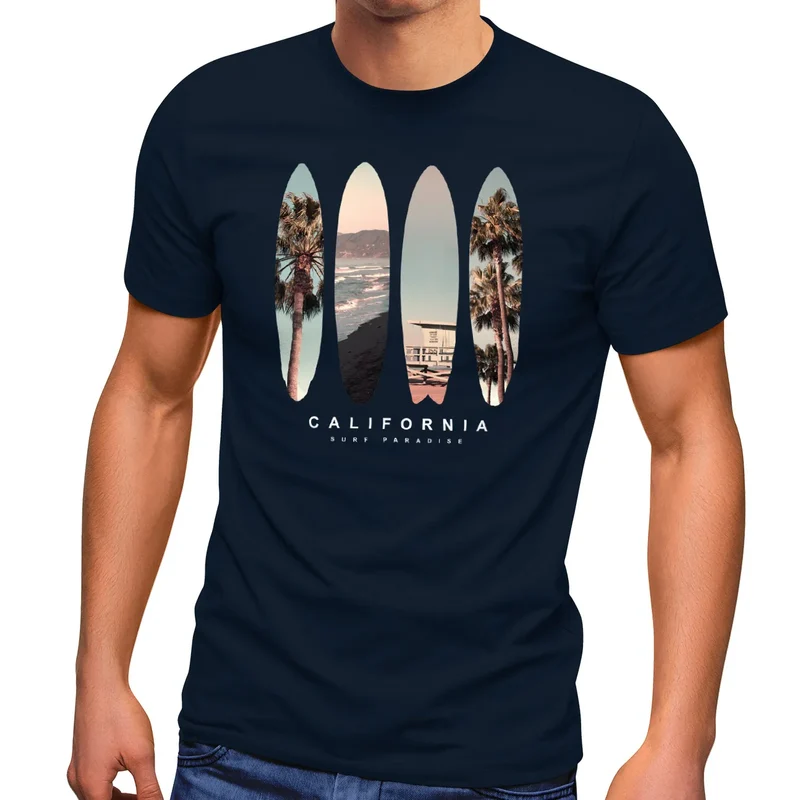 Herren T-Shirt California Surf Paradise Surfboards Grafik Foto Print Kalifornien USA Amerika Sommer Fashion Streetstyle