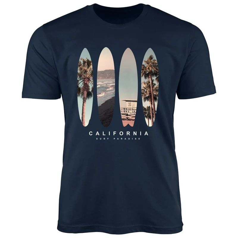 Herren T-Shirt California Surf Paradise Surfboards Grafik Foto Print Kalifornien USA Amerika Sommer Fashion Streetstyle