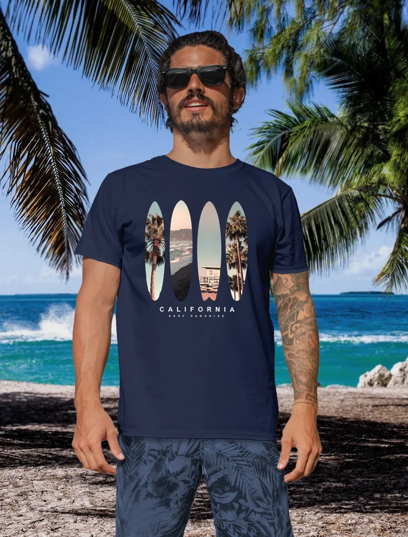 Herren T-Shirt California Surf Paradise Surfboards Grafik Foto Print Kalifornien USA Amerika Sommer Fashion Streetstyle