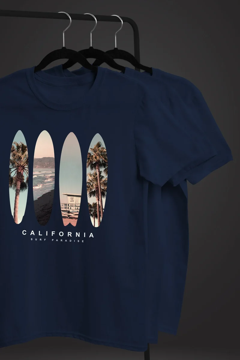 Herren T-Shirt California Surf Paradise Surfboards Grafik Foto Print Kalifornien USA Amerika Sommer Fashion Streetstyle