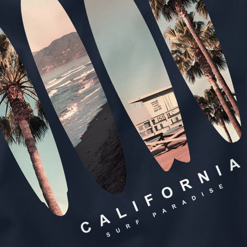 Herren T-Shirt California Surf Paradise Surfboards Grafik Foto Print Kalifornien USA Amerika Sommer Fashion Streetstyle
