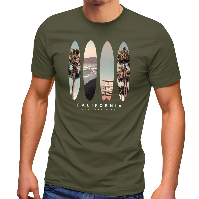 Herren T-Shirt California Surf Paradise Surfboards Grafik Foto Print Kalifornien USA Amerika Sommer Fashion Streetstyle