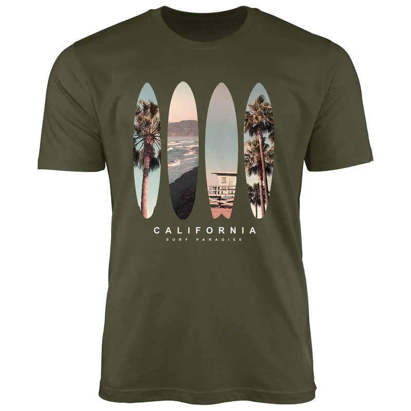Herren T-Shirt California Surf Paradise Surfboards Grafik Foto Print Kalifornien USA Amerika Sommer Fashion Streetstyle