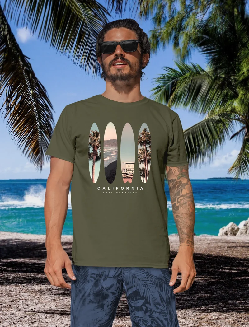 Herren T-Shirt California Surf Paradise Surfboards Grafik Foto Print Kalifornien USA Amerika Sommer Fashion Streetstyle