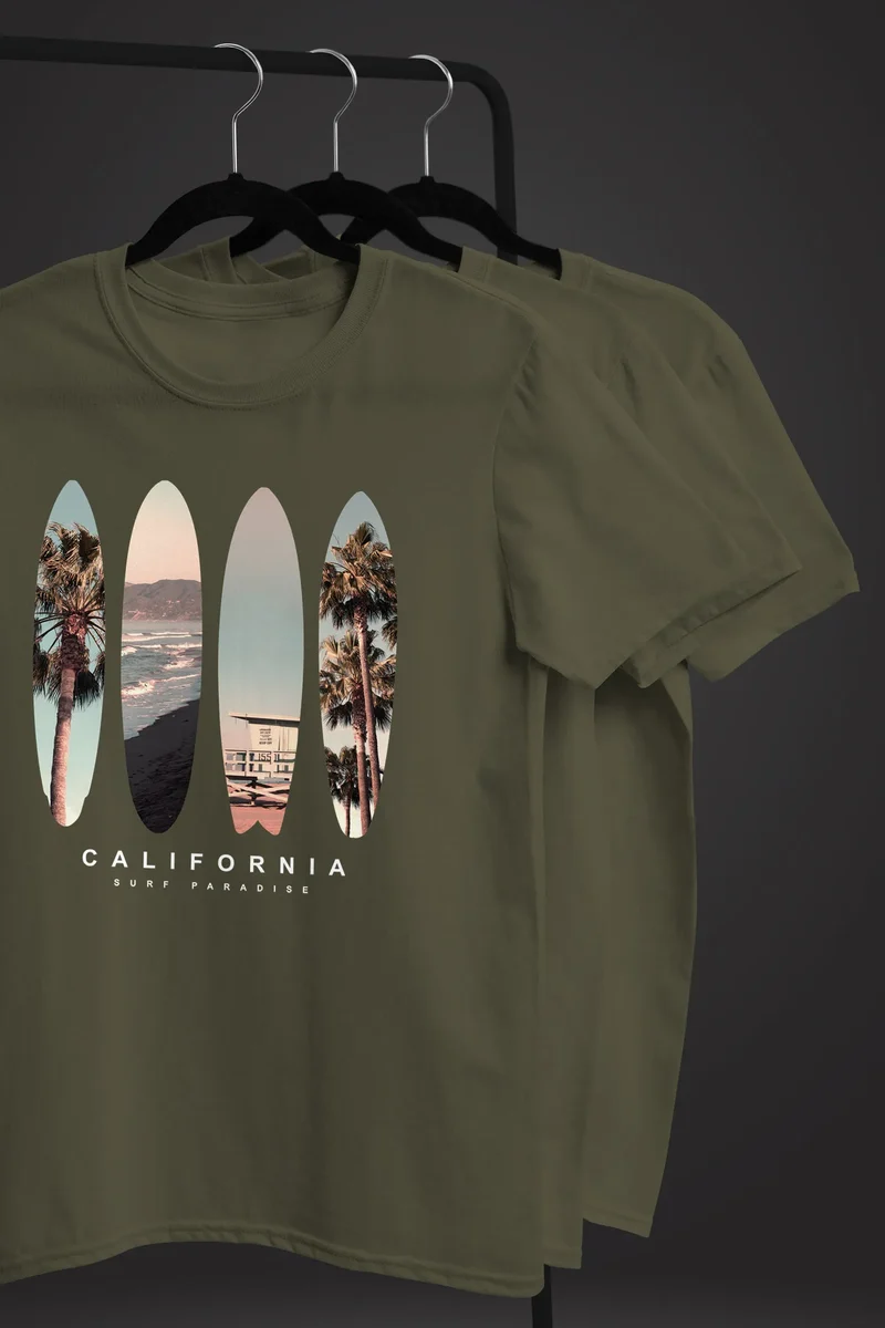 Herren T-Shirt California Surf Paradise Surfboards Grafik Foto Print Kalifornien USA Amerika Sommer Fashion Streetstyle