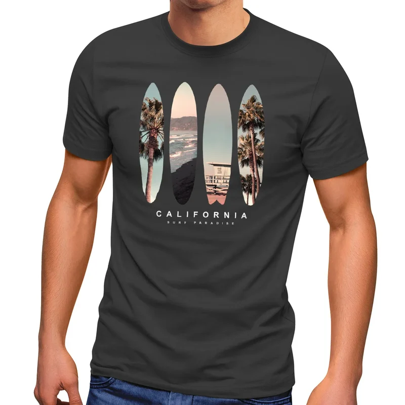 Herren T-Shirt California Surf Paradise Surfboards Grafik Foto Print Kalifornien USA Amerika Sommer Fashion Streetstyle