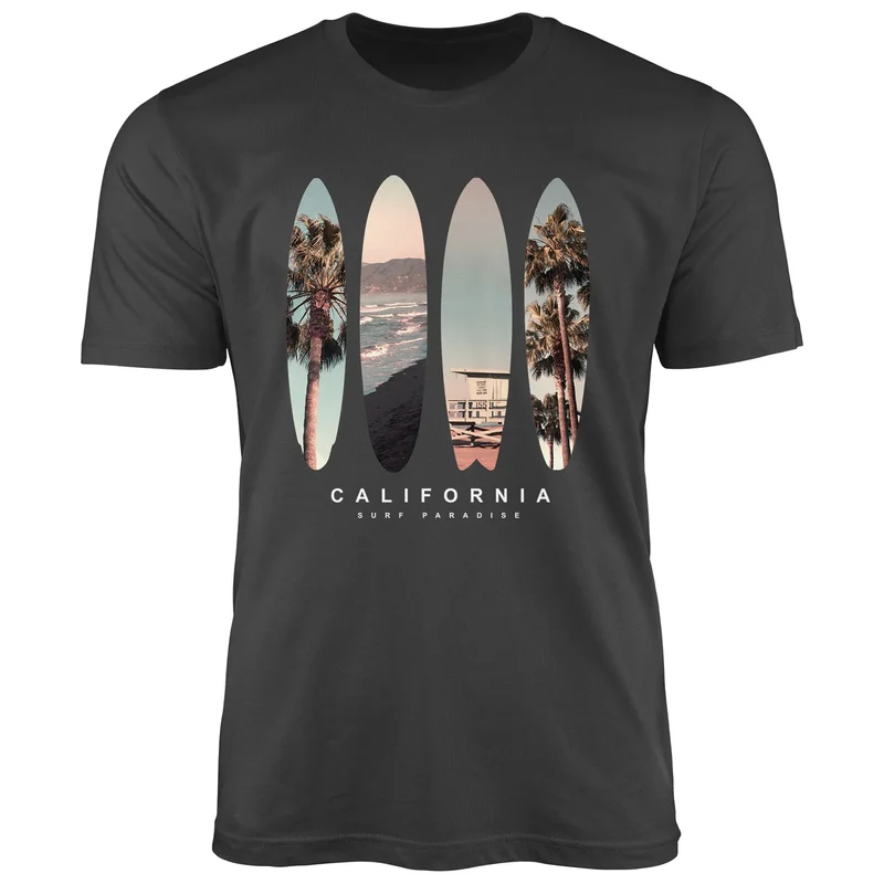 Herren T-Shirt California Surf Paradise Surfboards Grafik Foto Print Kalifornien USA Amerika Sommer Fashion Streetstyle