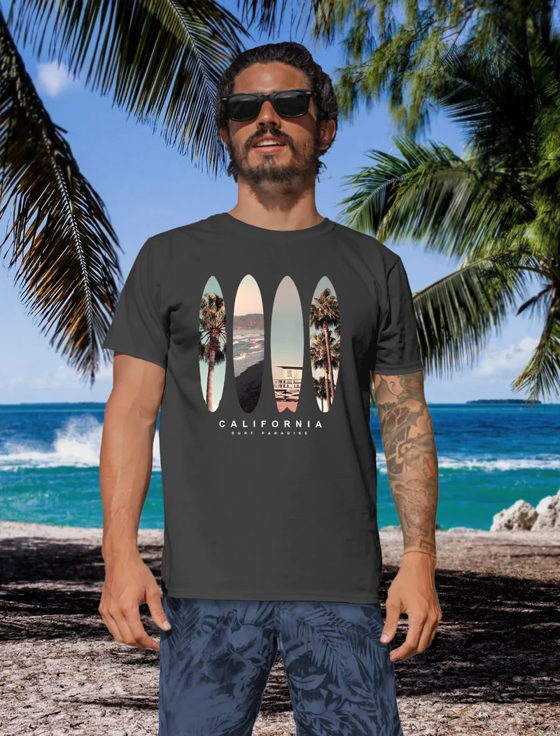 Herren T-Shirt California Surf Paradise Surfboards Grafik Foto Print Kalifornien USA Amerika Sommer Fashion Streetstyle