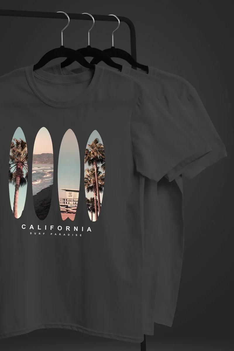 Herren T-Shirt California Surf Paradise Surfboards Grafik Foto Print Kalifornien USA Amerika Sommer Fashion Streetstyle