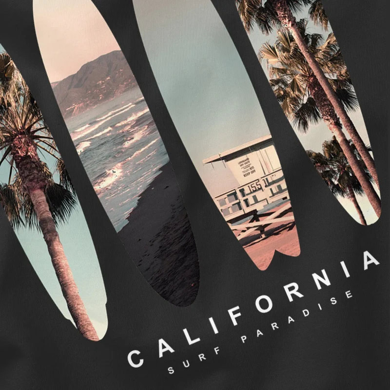 Herren T-Shirt California Surf Paradise Surfboards Grafik Foto Print Kalifornien USA Amerika Sommer Fashion Streetstyle