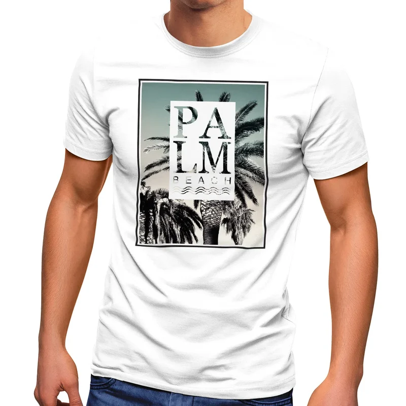 Herren T-Shirt Palm Beach Palmen Wellen Sommer Sonne USA Amerika Fashion Streetstyle