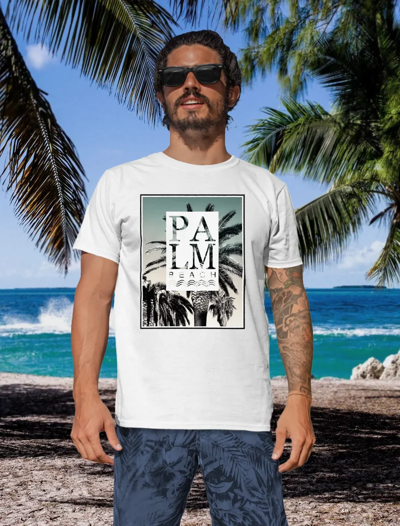 Herren T-Shirt Palm Beach Palmen Wellen Sommer Sonne USA Amerika Fashion Streetstyle