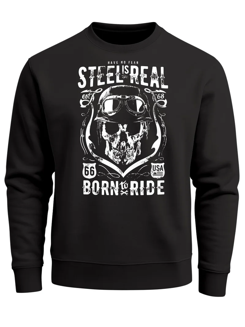 Sweatshirt Herren Steel Is Real Biker Totenkopf Rundhals-Pullover Skull Stahlhelm Born To Ride