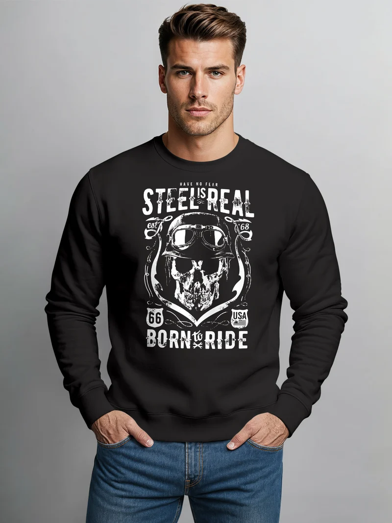 Sweatshirt Herren Steel Is Real Biker Totenkopf Rundhals-Pullover Skull Stahlhelm Born To Ride
