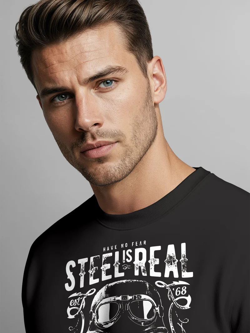 Sweatshirt Herren Steel Is Real Biker Totenkopf Rundhals-Pullover Skull Stahlhelm Born To Ride