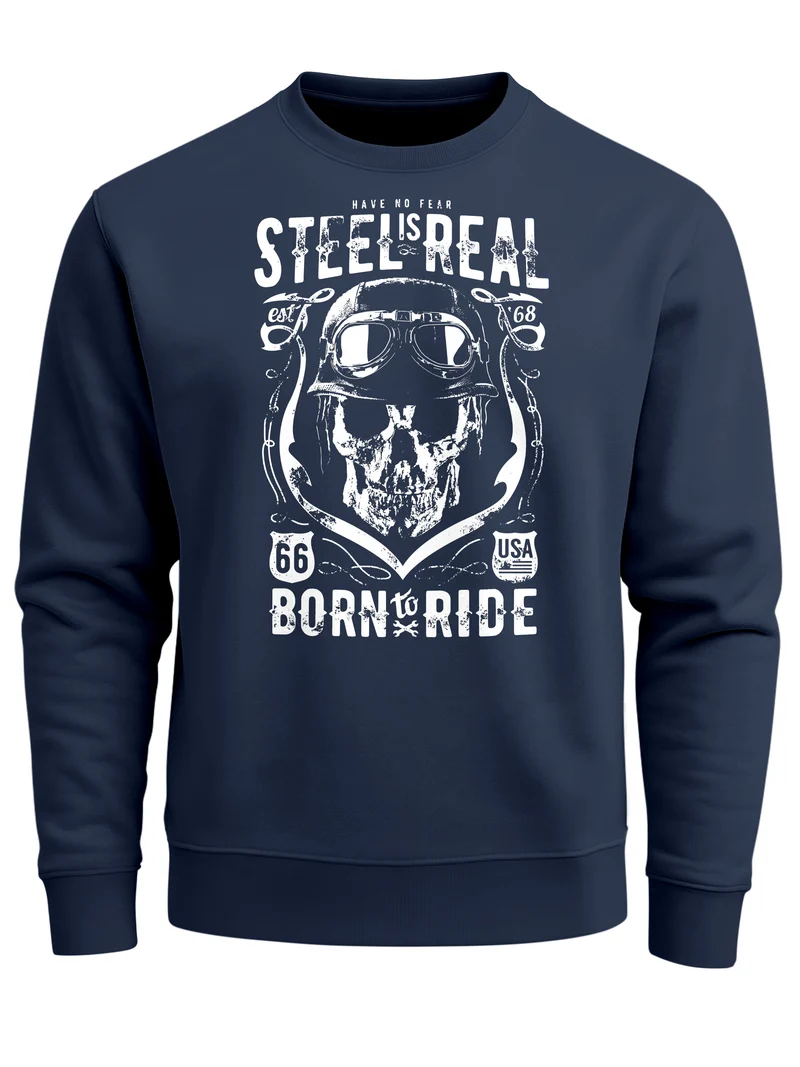Sweatshirt Herren Steel Is Real Biker Totenkopf Rundhals-Pullover Skull Stahlhelm Born To Ride