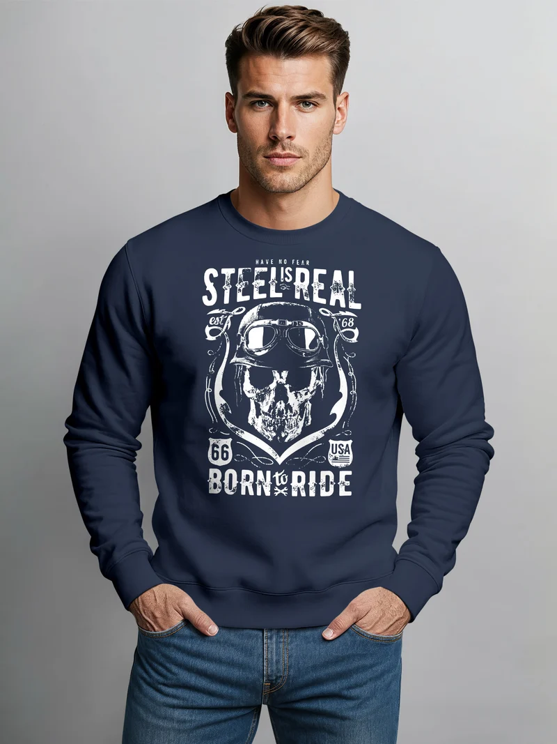 Sweatshirt Herren Steel Is Real Biker Totenkopf Rundhals-Pullover Skull Stahlhelm Born To Ride