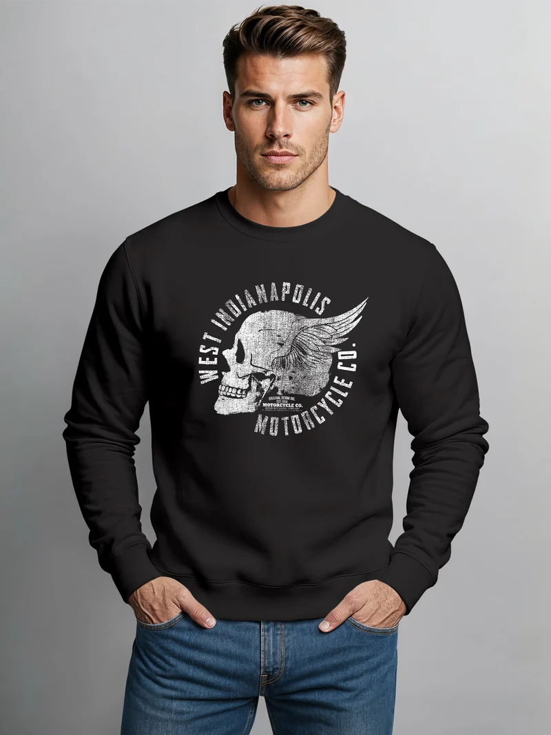 Sweatshirt Herren Motorrad Biker Totenkopf Skull Wings Vintage Rundhals-Pullover