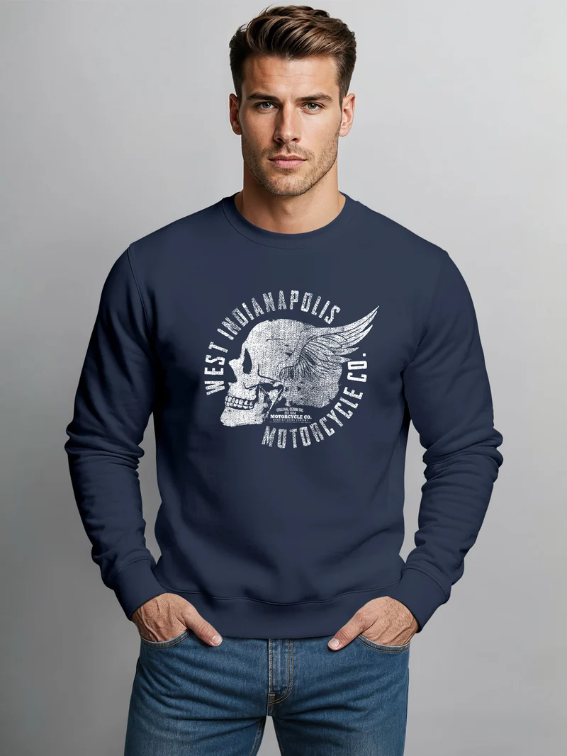 Sweatshirt Herren Motorrad Biker Totenkopf Skull Wings Vintage Rundhals-Pullover