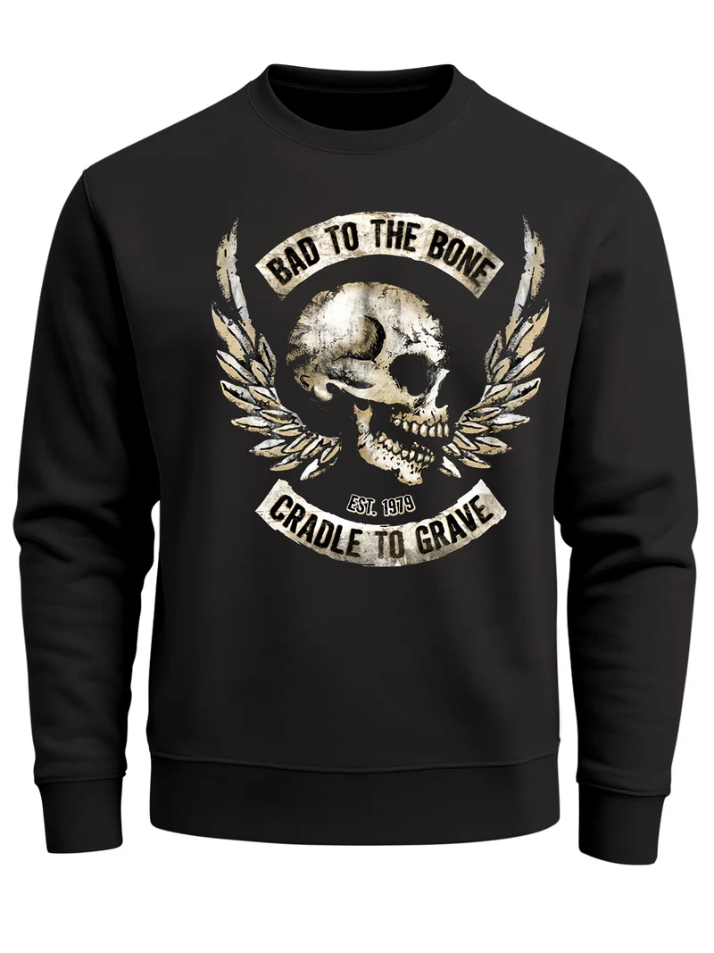 Sweatshirt Herren Biker Totenkopf Skull Wings Rundhals-Pullover