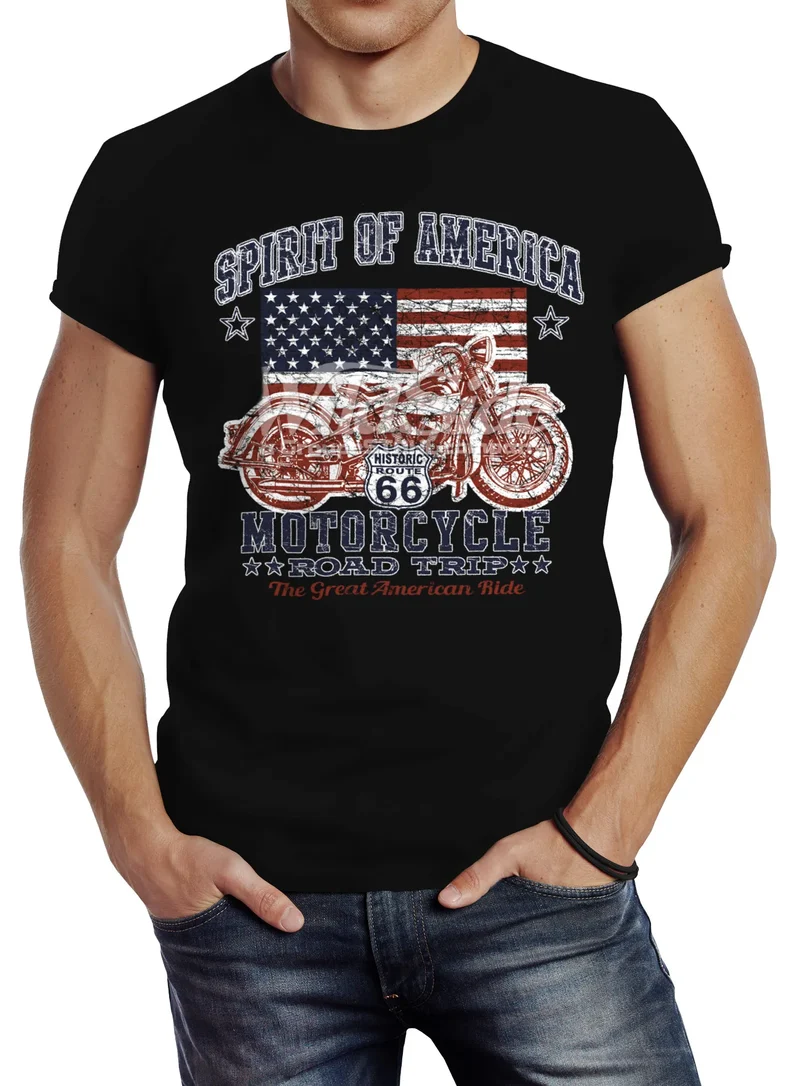 Herren T-Shirt Biker Shirt Amerika Flagge Motorrad Motorbike Slim Fit