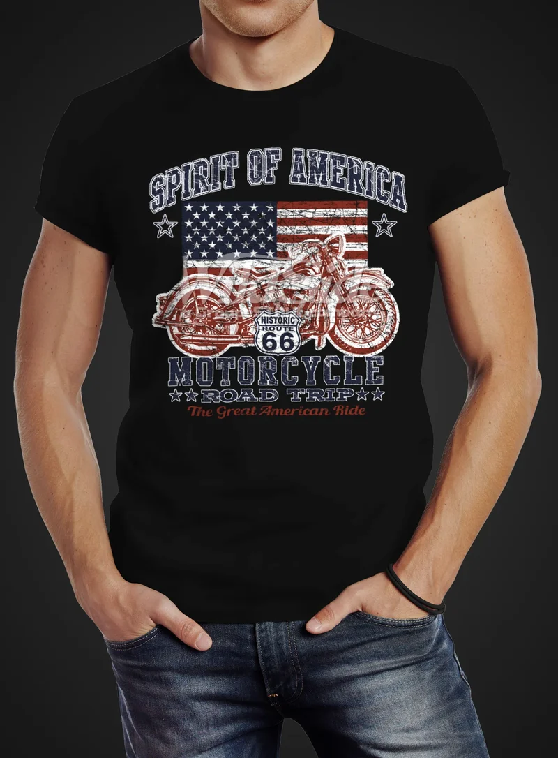 Herren T-Shirt Biker Shirt Amerika Flagge Motorrad Motorbike Slim Fit