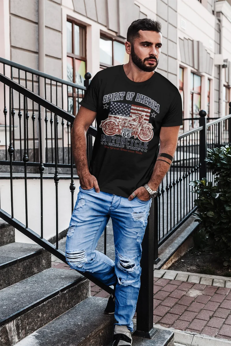 Herren T-Shirt Biker Shirt Amerika Flagge Motorrad Motorbike Slim Fit