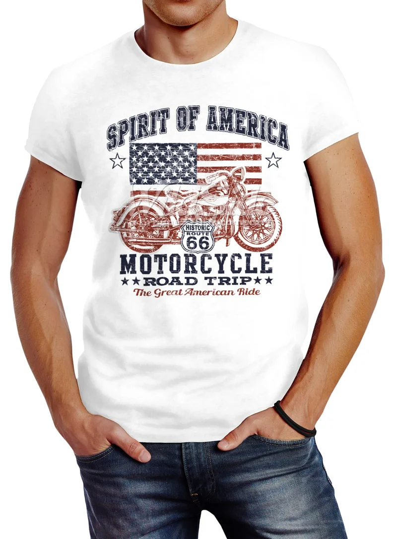 Herren T-Shirt Biker Shirt Amerika Flagge Motorrad Motorbike Slim Fit