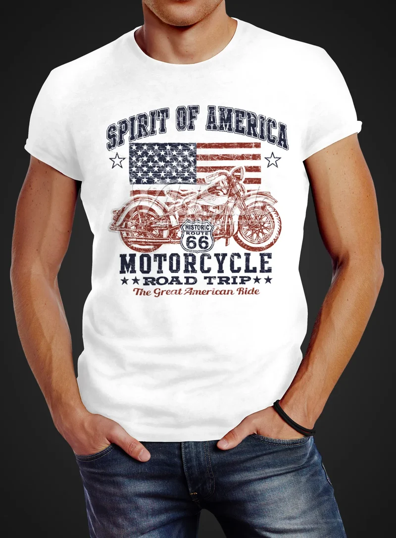 Herren T-Shirt Biker Shirt Amerika Flagge Motorrad Motorbike Slim Fit