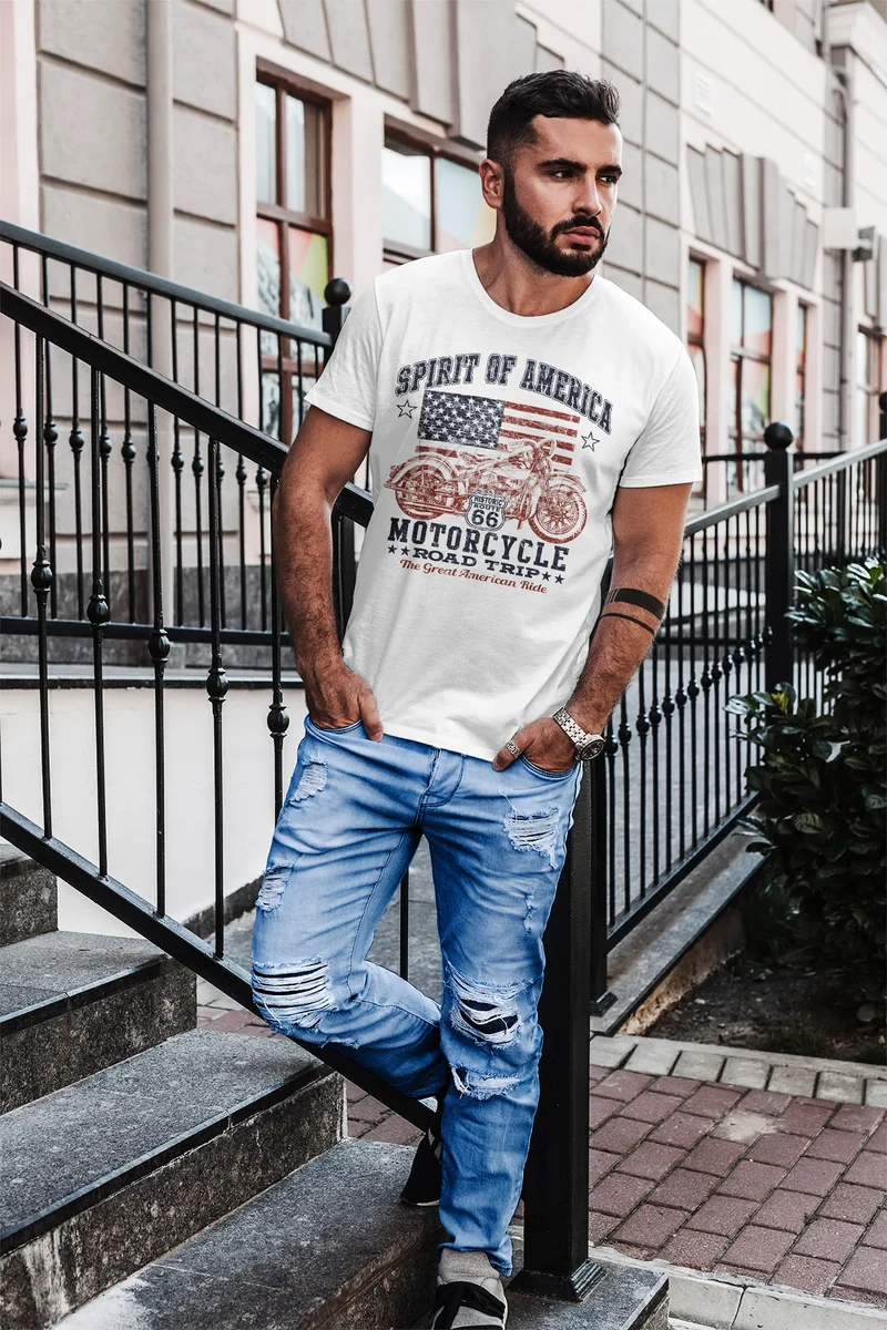 Herren T-Shirt Biker Shirt Amerika Flagge Motorrad Motorbike Slim Fit