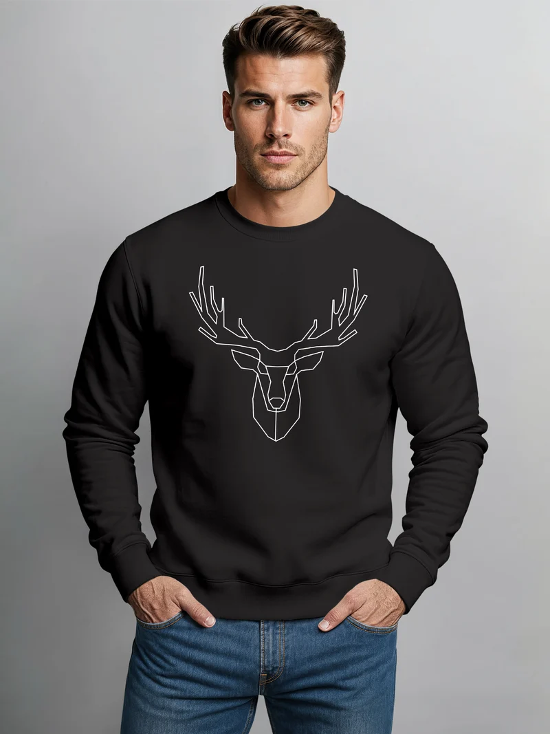 Herren Sweatshirt Pullover Hirsch Polygon Geweih Geometrisch Formen