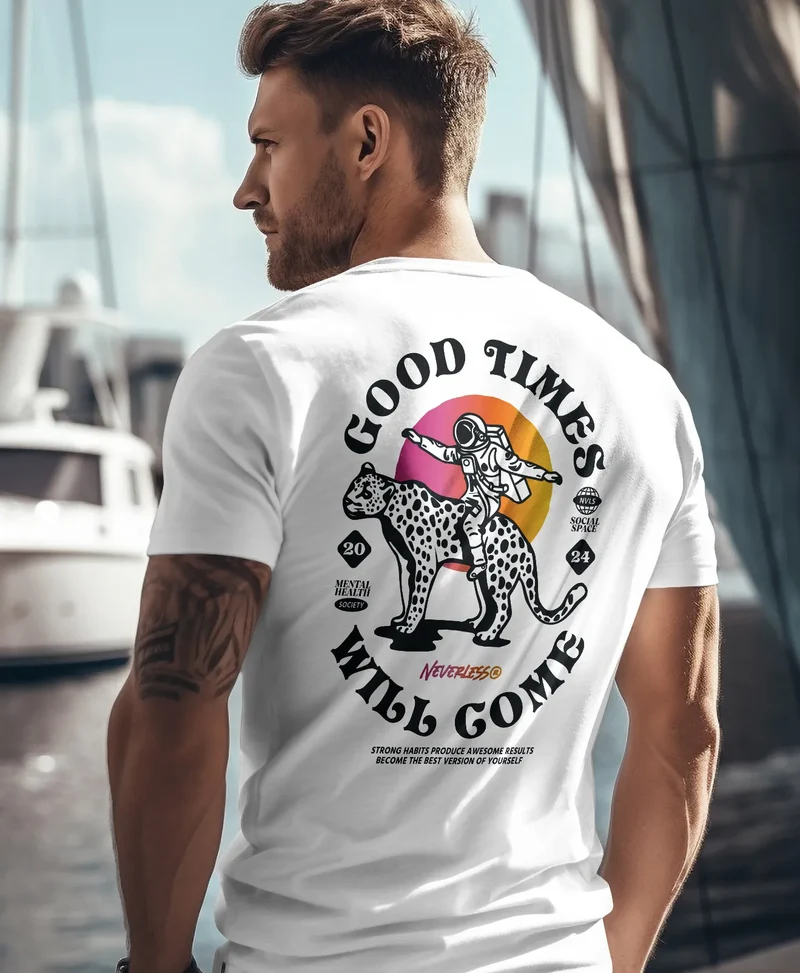 Herren T-Shirt Backprint Rücken-Aufdruck Brustlogo Space Tiger Good Times Fashion Streetstyle